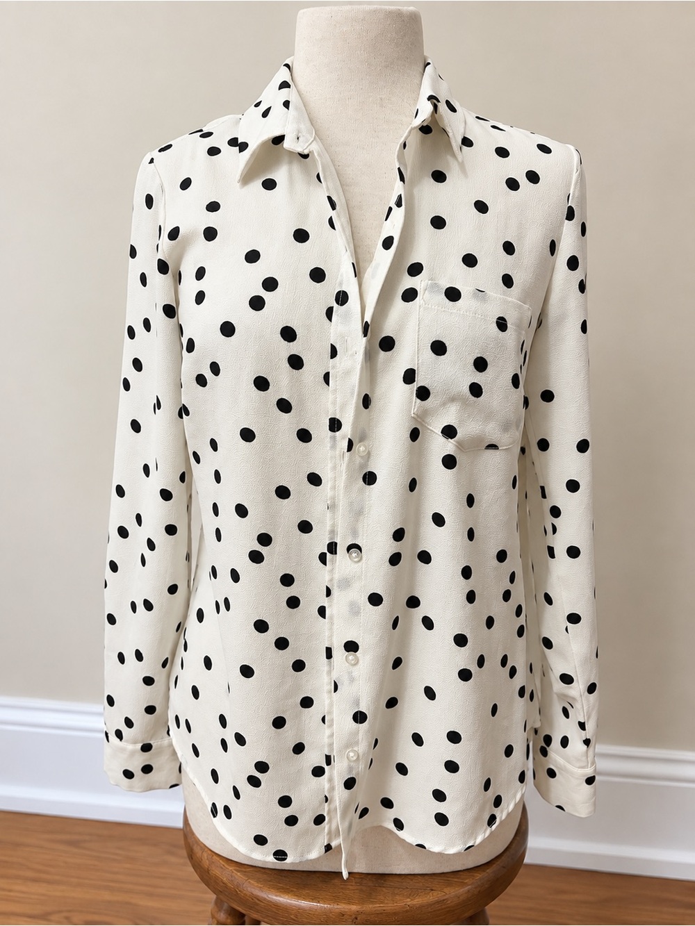 Women's White Polka Dot Button-Up Blouse